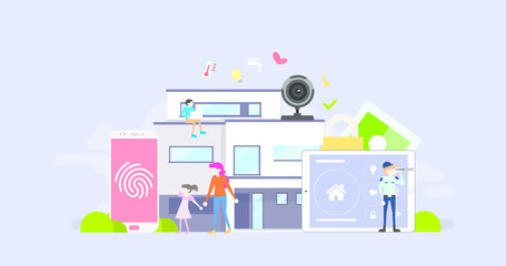 Fototapeta na wymiar Smart House Technology Tiny People Character Concept Vector Illustration, Suitable For Wallpaper, Banner, Background, Card, Book Illustration, And Web Landing Page
