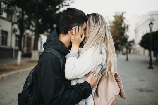 Romantic Kissing Couple On Street