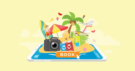 Summer Holiday Travel Booking Mobile Application Tiny People Character Concept Vector Illustration, Suitable For Wallpaper, Banner, Background, Card, Book Illustration, And Web Landing Page