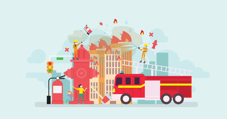 Firefighter On Duty Tiny People Character Concept Vector Illustration, Suitable For Wallpaper, Banner, Background, Card, Book Illustration, And Web Landing Page