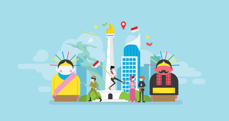 Jakarta Celebrating Indonesia Independence Day Tiny People Character Concept Vector Illustration, Suitable For Wallpaper, Banner, Background, Card, Book Illustration, And Web Landing Page