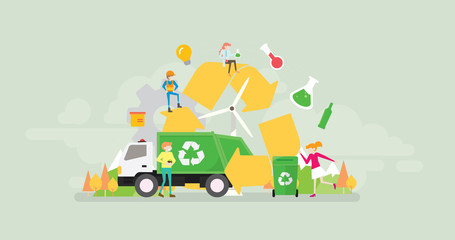 Green Eco Friendly Waste Recycling Technology Lifestyle Tiny People Character Concept Vector Illustration, Suitable For Wallpaper, Banner, Background, Card, Book Illustration, And Web Landing Page