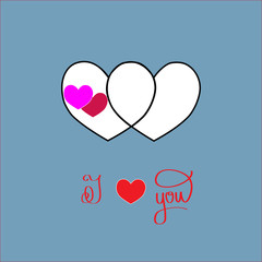 I love you card. Two heart and lettering. Romantic symbol linked, join, love, passion and wedding. Template for t shirt, apparel, card, poster, valentine day. Design element. Vector illustration.