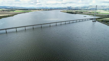 Aerial image of traffic crossing Clackmannanshire Bridge over the River Forth.