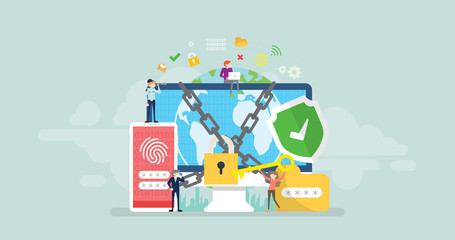 Network Security Tiny People Character Concept Vector Illustration, Suitable For Wallpaper, Banner, Background, Card, Book Illustration, And Web Landing Page