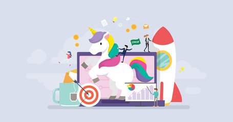 Unicorn Business Startup Tiny People Character Concept Vector Illustration, Suitable For Wallpaper, Banner, Background, Card, Book Illustration, And Web Landing Page