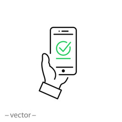 Payment approved icon, green checkmark on smartphone linear sign isolated on white background - editable illustration eps10