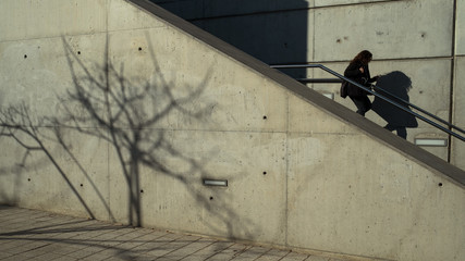 Down the stairs she goes