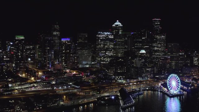Aerial night panorama of Seattle