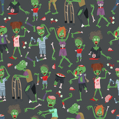 Vecctor zombie cartoon Halloween magic people body parts, green skin human organs Zombie man and woman character pattern party invitation background, monsters vector illustration