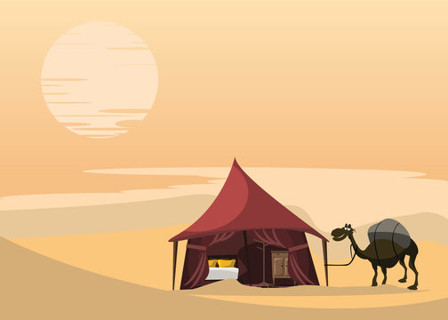 camel and tent in desert vector illustration 
