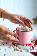 Fototapeta na wymiar Female hands with Enamel cup of hot cocoa with mini marshmallows and candy canes with pine with beautiful Christmas toys. Christmas concept