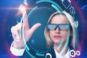 Woman in ar glasses touching internet icons