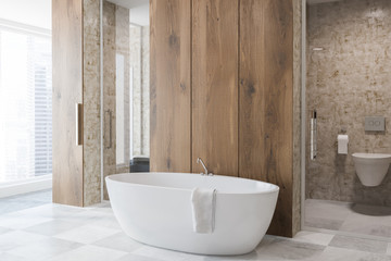 Fototapeta na wymiar Wooden bathroom corner, white tub