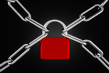 Red padlock, four steel chains, security concept