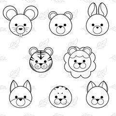 Line cute cartoon animals face icon set, vector illustration