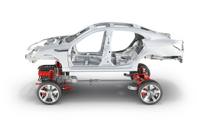 Body and suspension of the car with wheel and engine Undercarriage with bodycar in detail side view isolated on white background 3d
