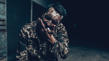 Soldier Is Taking Painkiller Pills In War Shelter.