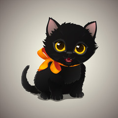 Halloween black cat with orange ribbon isolated on grey background. Vector illustration.
