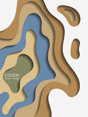 Vector paper cut layout design for presentation, flyer, poster. 3D modern background with blue brown papercut shapes. Vertical paper cutout template for banner, brochure cover, booklet design.
