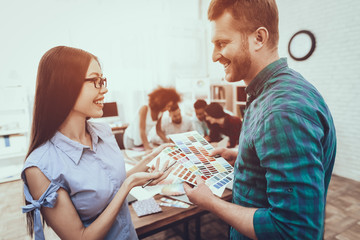 Cooperation. Guy and Girl. Colors for Design.