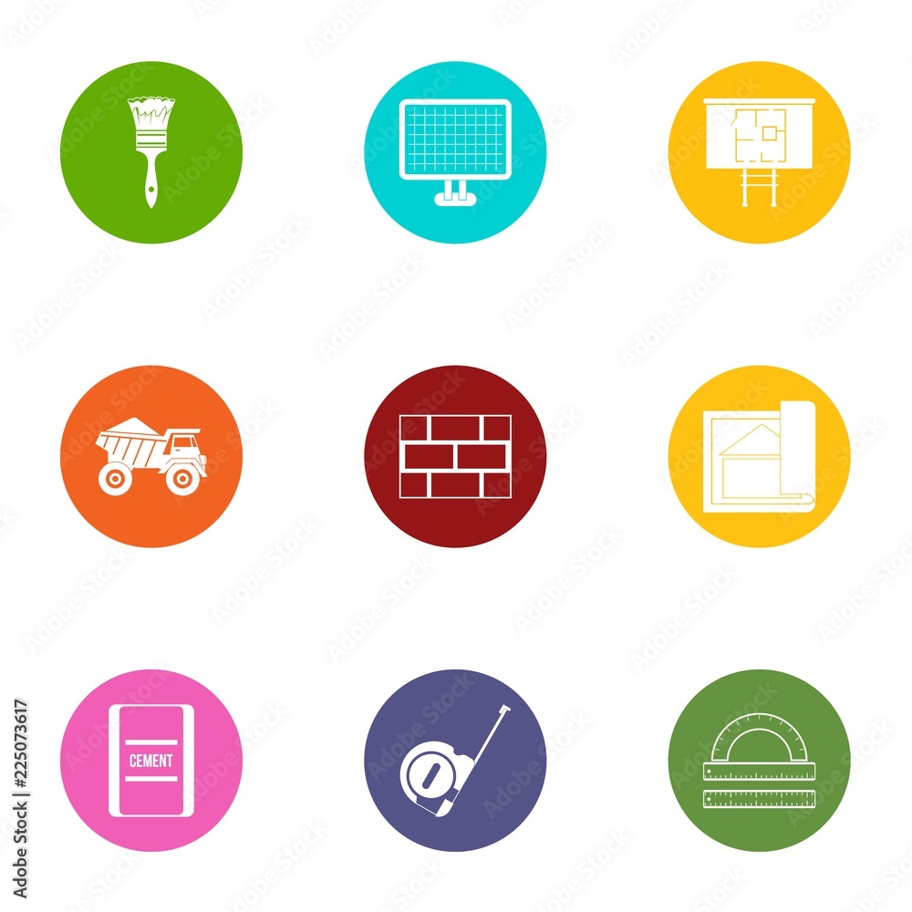 Poster construction object icons set. flat set of 9 construction object vector icons for web isolated on wh
