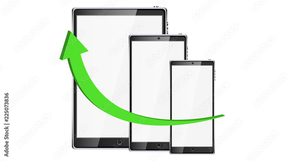 Aufkleber the graph is growing up in the form of a green volume arrow on the background of smart tablets of mo