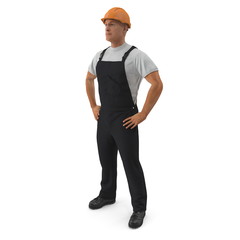 Consruction Worker Wearing Black Overalls Standing Pose Isolated On White Background. 3D Illustration