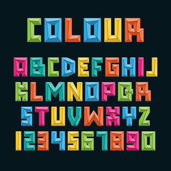 Set of colorful letters and numbers. Vector graphic alphabet symbols in geometric style.
