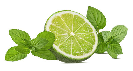 Fresh mint leaf and lime  isolated on white background