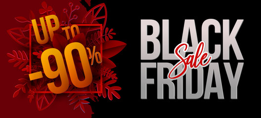 Black Friday sale design with red leaves