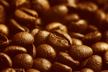 The texture of roasted coffee beans. Macro image