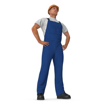 Construction Worker In Blue Overall with Hardhat Standing Pose Isolated On white Background. 3D illustration