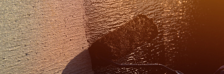 Roofer worker painting black coal tar or bitumen
