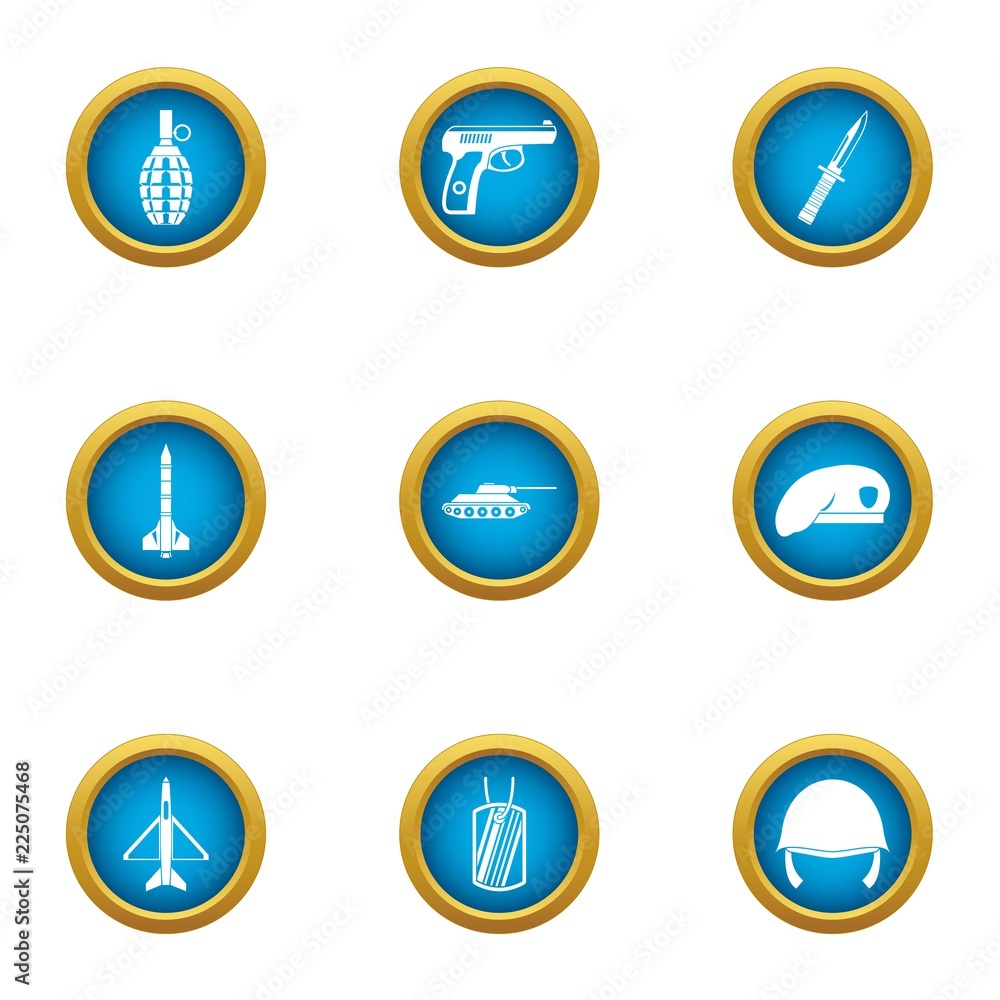 Poster armed assaults icons set. flat set of 9 armed assaults vector icons for web isolated on white backgr