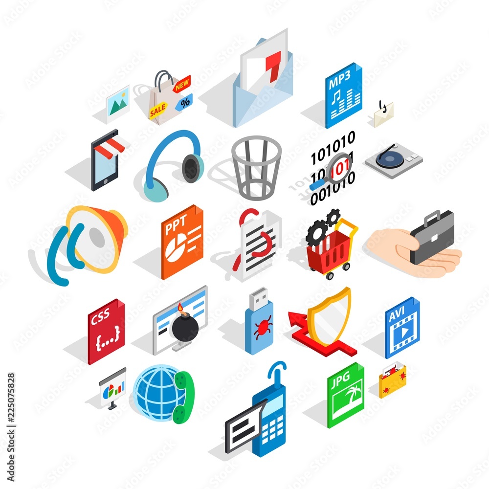 Poster files icons set. isometric set of 25 files vector icons for web isolated on white background