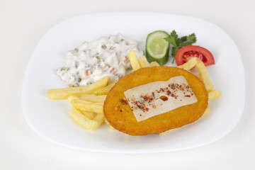 chicken and french fries on plate