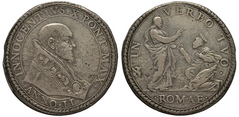 Vatican City silver coin 1 one piastre 1645/1646, bust of Pope Innocent X in rich clothes right,...