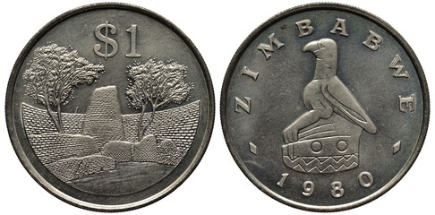 Zimbabwe Zimbabwean coin 1 one dollar 1980, ruins of ancient stone fortress, two trees flank dates, bird statue, - obrazy, fototapety, plakaty