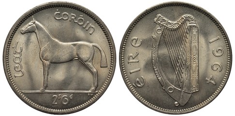 Ireland Irish coin 2-1/2 two and a half crown 1964, horse left. Irish harp, legend Eire,