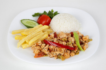 chicken with sauce with potato and rice