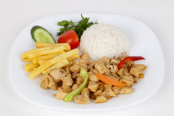 chicken with sauce with potato and rice