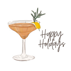 Best cosmopolitan cocktail. Vector food sketch. Bar drinks poster. Beverage ginger alcohol drink in glass. Weekend mood martini receipe.