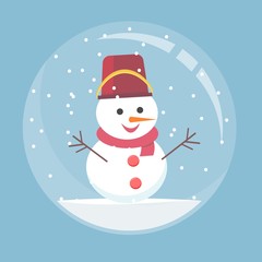 Christmas glass ball with a snowman inside. Spherical New Year snow globe in flat style. Stock flat vector illustration.