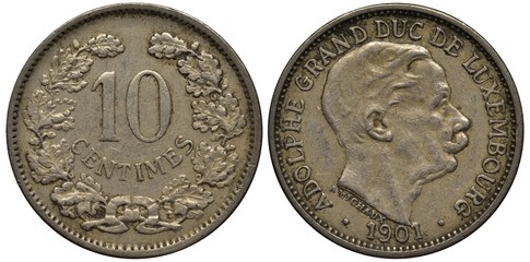 Luxembourg Luxembourgish coin 10 ten centimes 1901, value flanked by oak wreath, head of Grand Duke...