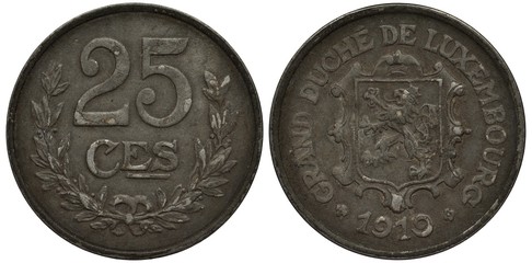 Luxembourg Luxembourgish iron coin 25 twenty five centimes 1919, value flanked by laurel wreath, shield with lion surrounded by country name and date, 