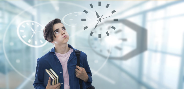 school hours, stressful student watching the clock