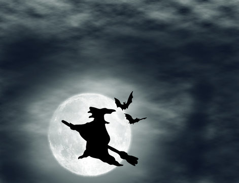 Halloween Background With Witch On Broom On The Full Moon