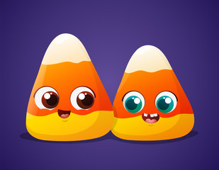 Two cute halloween candy corn friends with happy face isolated on violet background