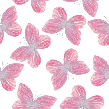 Watercolor pink butterfly seamless pattern hand drawn